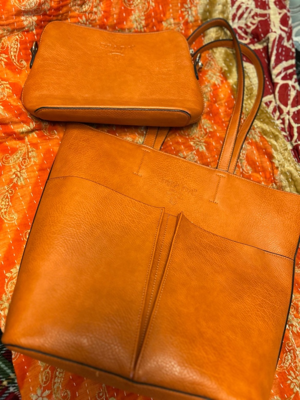 Leather Tote and Crossbody Set in Warm Sunset Orange